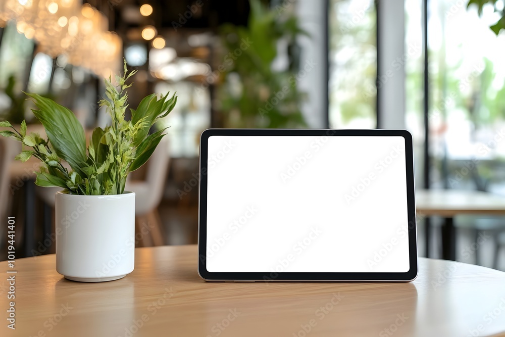 Poster mockup of a tablet screen showcased on a table surface in a restaurant setting highlighting the devi