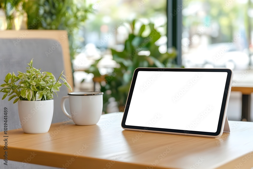Poster mockup of a tablet device screen displayed on a table in a restaurant setting showcasing the device 