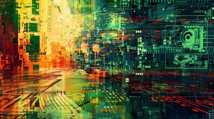 Fototapeta premium abstract digital art, vibrant colors, technology background, circuits and patterns, futuristic concept, vivid imagination, computer graphics, colorful design elements, digital landscape