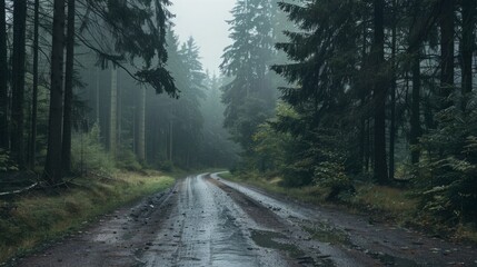 Fototapeta premium Image of a forest road on a cloudy day.
