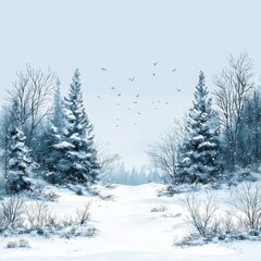 Fototapeta premium Birds Flying Over Snow Covered Pine Tree Forest, Natural Christmas Wallpaper, Rustic Business Backdrop Concept, Marketing Design with Copy Space for Text