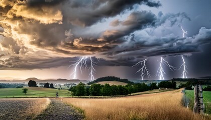 Dramatic summer sky with storm clouds gathering over a grassy field at sunset