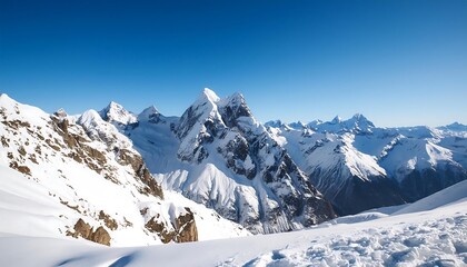 A breathtaking winter panorama of the snow-capped Swiss Alps, their majestic peaks piercing a clear blue sky