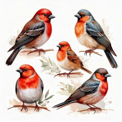 Fototapeta premium Set birds hand-painted watercolor Isolated on white background, birds clipart for designers, wild nature creative decor
