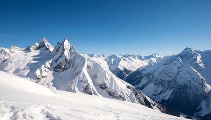 Naklejka premium A breathtaking winter panorama of the snow-capped Swiss Alps, their majestic peaks piercing a clear blue sky