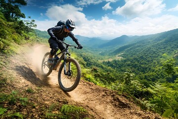 Fototapeta premium Determined Mountain Biker Navigating Rugged Trail in Lush Forested Landscape Adventure