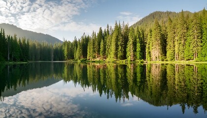 Fototapeta premium A crystal-clear lake reflects lush green trees in a tranquil summer forest landscape