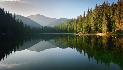Obraz premium A crystal-clear lake reflects lush green trees in a tranquil summer forest landscape