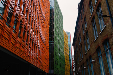Angular perspective image of colorful building facades in London