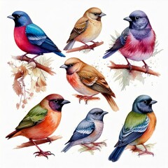 Fototapeta premium Set birds hand-painted watercolor Isolated on white background, birds clipart for designers, wild nature creative decor