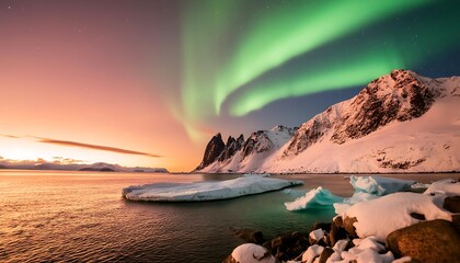 Naklejka premium A towering iceberg, like a majestic mountain sculpted from ice, reflects in the still water of a polar lake