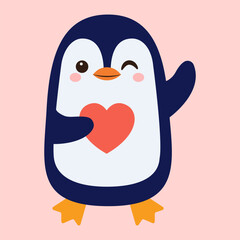 Cute penguin holding paper heart, flat illustration