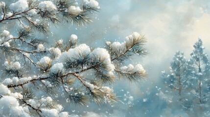 Obraz premium Snow-Covered Pine Branch in a Wintery Landscape