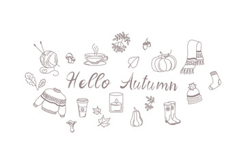 Hello Autumn hand drawn fall designs. Scarf, candle, rowan, hot coffee, tea,socks, sweater, scarf with hat, ball of wool threads, leaves, acorns and mushrooms. Cozy fall collection.