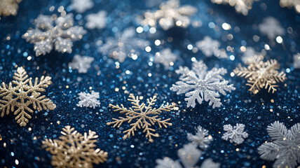 Sparkling snowflakes and glitter on a festive blue background for Christmas Day celebration