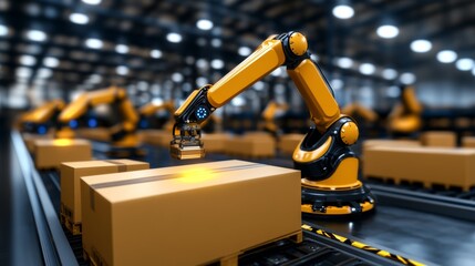 Fototapeta premium Automated Robotic Arm Assembly Line with Cardboard Boxes in Factory