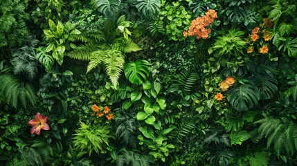Lush Green Wall with Orange and Red Flowers