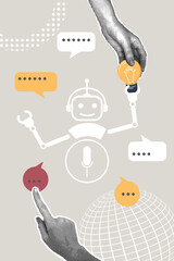 Modern halftone collage. AI artificial intelligence concept, online service to answer questions, come up with a new idea. Halftone hands taking new ideas and tips from chatbot. Modern business collage