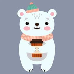Cute polar bear holding a glass of coffee, flat illustration