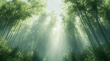 Obraz premium Sunlight Filtering Through a Dense Bamboo Forest