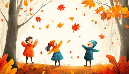Fototapeta premium People enjoying small joys, like catching falling leaves in the autumn