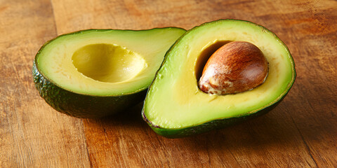 Fresh Avocados Halved with Pits on Wooden Surface