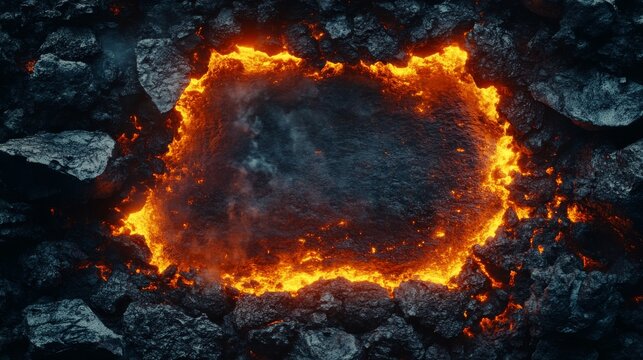 Molten Lava Ring Surrounding Dark Volcanic Rocks