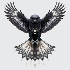 Obraz premium Fantasy crow owl, decorative pearls, centerd flight