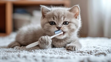 A toothbrush and a British kitty. The cat is giving his teeth a brush.
