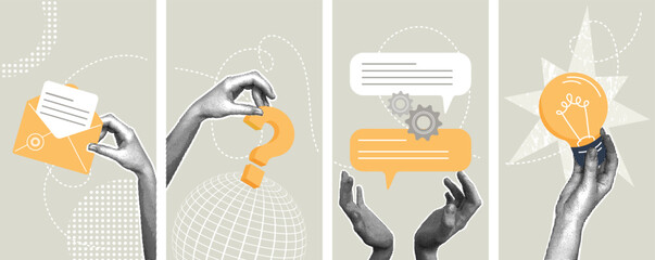 Set of trendy halftone business concept collages. Vector illustrations of idea, feedback, writing, planning, teamwork. Creative concepts for web banner, social media, business presentation, marketing.