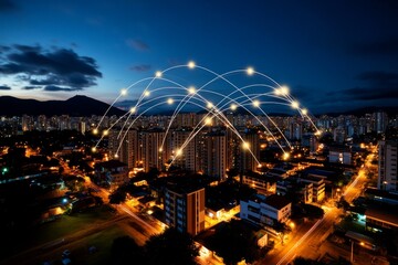 A cityscape at night with all the lights of the buildings connected by lines of energy, symbolizing the interconnectedness of human life in monism