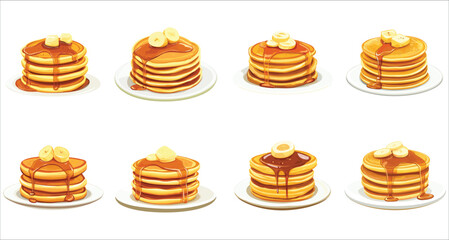 Pancakes with maple syrup vector. Delicious pancakes with syrup vector art. Sweet pancakes with maple syrup vector. Set of colorful pancakes and maple syrup