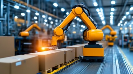 Fototapeta premium Industrial Robot Arm Automation Manufacturing Conveyor Belt Factory