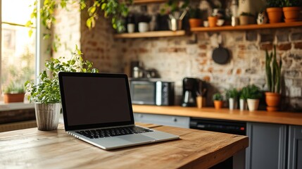 Open laptop with blank screen sitting on a wooden desk in a home office that is the kitchen.