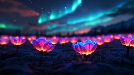 Glowing Flowers Field Under Aurora Borealis Night Sky