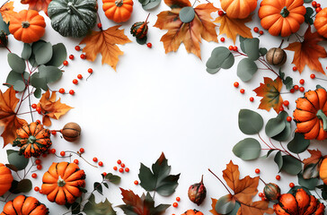 Fototapeta premium background is white, with small pumpkins and red berries scattered on the left side of the frame, surrounded by leaves 