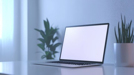 Laptop. Computer Notebook. A sleek laptop with the screen open, on a minimalist desk setup. Ideal for technology or business-related advertisements.