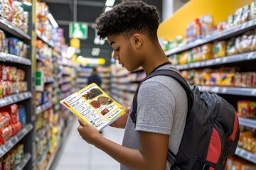 A person reading a food label on a plant-based product in a supermarket aisle, showing the awareness needed when following a vegetarian or vegan diet