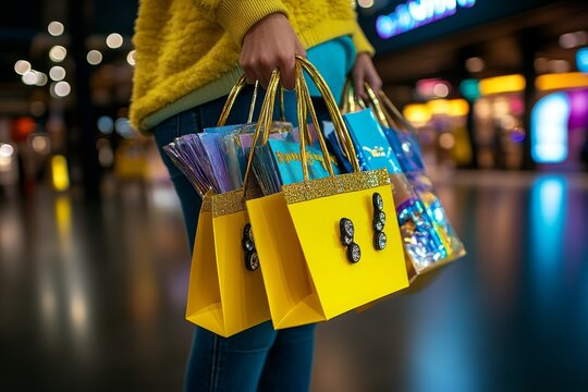 A person holding shopping bags filled with discounted items during a retail sales event in a brightly lit mall, capturing the excitement of bargain shopping