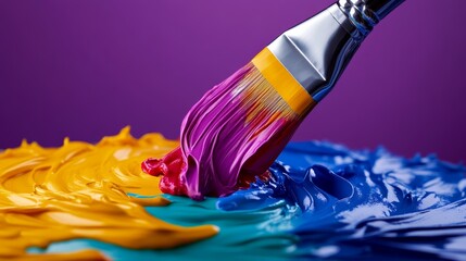 Fototapeta premium Paintbrush with Purple Yellow Blue and Red Paint on Canvas