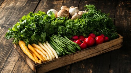 Fresh organic vegetables arranged in a wooden crate