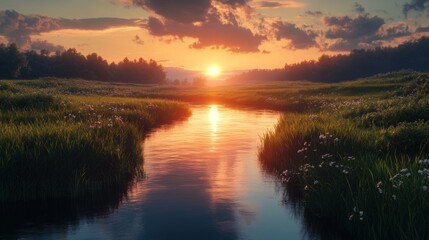 Obraz premium Serene Sunset River Landscape Golden Hour Meadow Water Sky Clouds Trees Nature