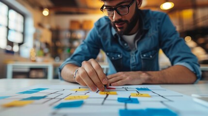 Fototapeta premium Entrepreneur with a passive income flowchart on a transparent screen, planning for financial independence