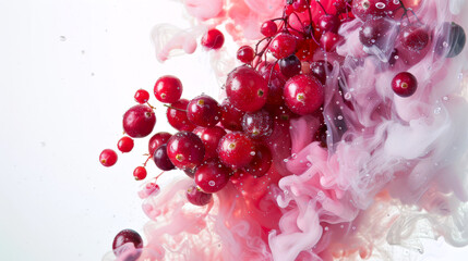 A handful of cranberries are buried in thick white-pink smoke. Mystical food background. A natural organic healthy product. Gifts of the forest. Close-up of a bunch of red cranberries in dew drops