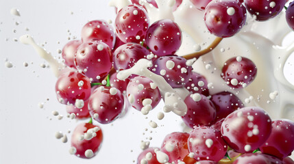 A bunch of red grapes is sprinkled with milk. The berries of ripe juicy red grapes splash in milky splashes and drops in the air on a white background. Delicious dessert. A natural product