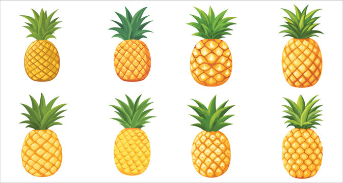 Set of fresh pineapple fruit icons, Set of fresh pineapple summer fruits, Ripe pineapple, Realistic pineapple vector illustration