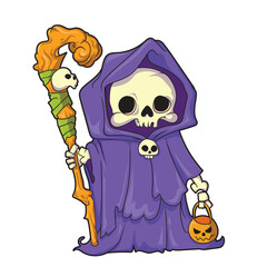 cartoon skull witch carrying magic wand and pumpkin celebrating halloween.