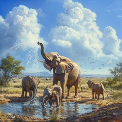 Fototapeta premium African Elephant Family Refreshment: A majestic African elephant matriarch and her calves enjoy a refreshing drink at a watering hole under a vibrant blue sky. The scene is idyllic.