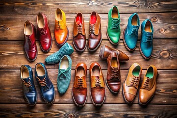 Various Stylish Footwear Arranged on a Wooden Surface Showcasing Fashion and Design Trends