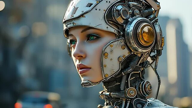 A close up of a woman's face with a robot head. Created with Generative AI.